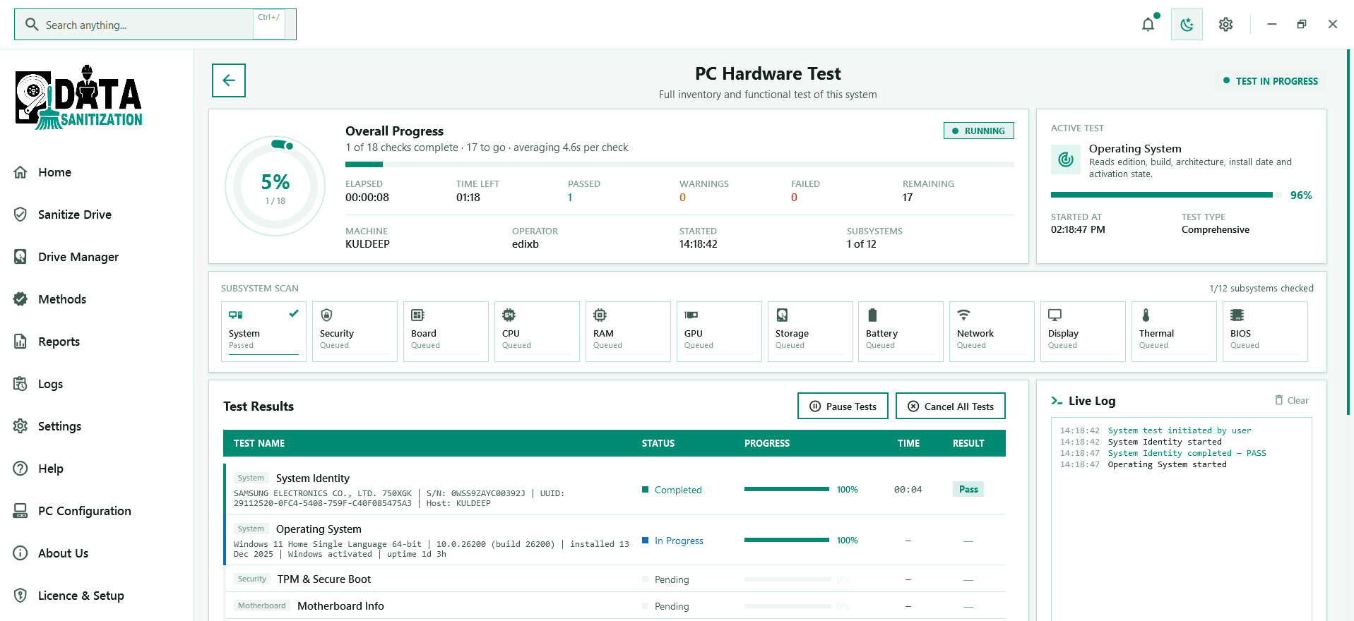 Pre-Erasure Hardware & Health Diagnostics